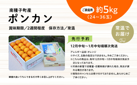 《 先行予約 》種子島産 ポンカン (ご家庭用) 約5kg (24玉～36玉)　【2026年12月中旬頃～1月中旬頃順次発送】【訳あり】【南種子町果樹部会】