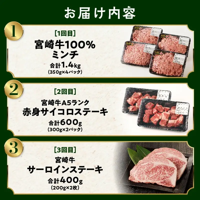 食べ比べシリーズ宮崎牛バラエティ定期便 肉 牛 牛肉 ミンチ サイコロステーキ サーロインステーキ