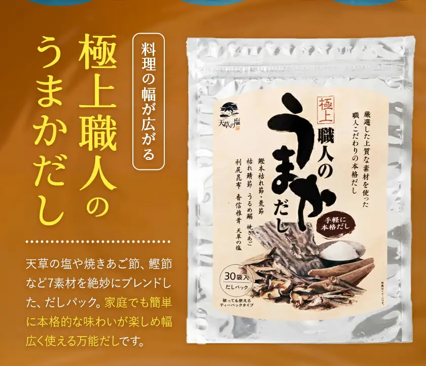天草の塩・極上職人のうまかだしセット 天草の塩(しっとりタイプ) 200g 極上職人のうまかだし 8g×30包 九電産業株式会社 《30日以内に出荷予定(土日祝除く)》熊本県 苓北町 塩 だし salt だしパック 和食 調味料 天草の塩 天草 苓北 熊本 送料無料