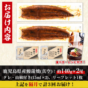 i853-B ＜定期便・計3回(隔月)＞鹿児島県産うなぎ蒲焼2尾セット＜(約140g×2・計約280g)×全3回＞うなぎ 鰻 ウナギ 2尾 蒲焼き 国産 鹿児島県産 焼きたて 生産量日本一 真空パック おかず 晩御飯 特別な日 土用の丑の日【薩摩川内鰻】