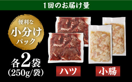 【全3回定期便】【塩だれ】九州産和牛 ホルモン 2種 計1kg（ ハツ 250g×2袋・ 小腸 250g×2袋） 長与町/岩永ホルモン [EAX139]国産 牛肉 ミックス 小分け 味付き 冷凍 焼肉