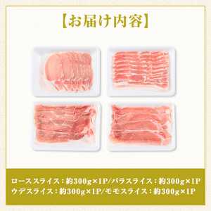 【A05052】鹿児島県産豚しゃぶしゃぶバラエティーお楽しみセット(合計約1.2kg)鹿児島  豚肉 ポーク ロース バラ ウデ モモ しゃぶしゃぶ 焼肉 バラエティ セット【大将食品】