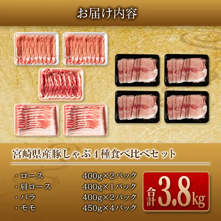 数量限定 豚しゃぶ 4種 食べ比べ セット 合計3.8kg 豚肉 ポーク 国産 食品 豚ロース 豚肩ロース 豚バラ 豚モモ しゃぶしゃぶ 個包装 おかず おつまみ 弁当 おすすめ 詰め合わせ 万能食材 ご褒美 お祝い 記念日 お取り寄せ おすそ分け 宮崎県 日南市 送料無料_DA44-25