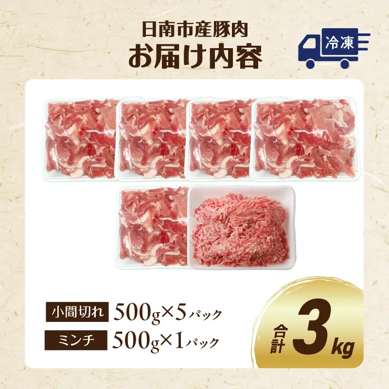 豚小間切れ＆豚ミンチセット(合計3kg) 豚肉 ポーク 国産 食品 おかず こま切れ 挽肉 日南市産 個包装 万能食材 おすすめ 生姜焼き 炒め物 ハンバーグ おかず お弁当 おつまみ お取り寄せ グルメ 詰め合わせ おすそ分け 宮崎県 送料無料_BC87-23