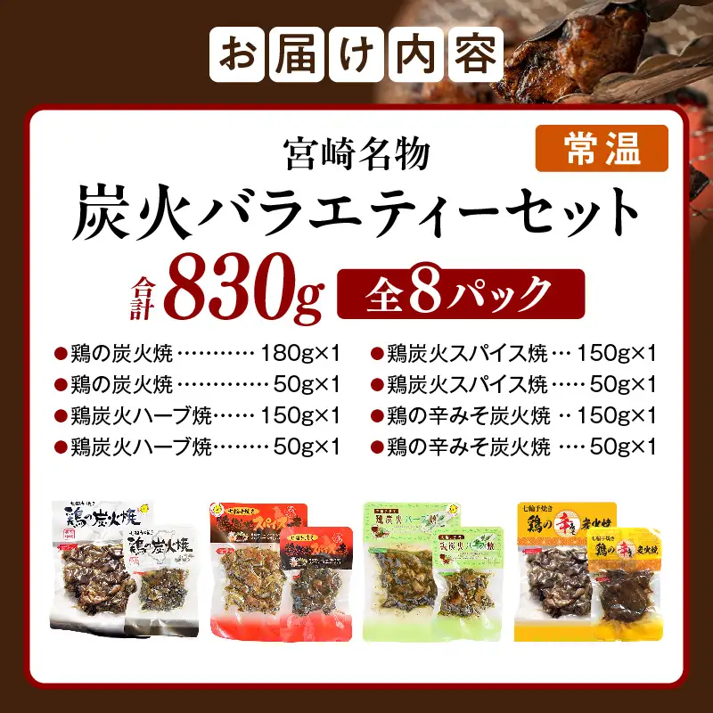 宮崎名物 炭火バラエティーセット 炭火焼 鶏 とり 鶏肉 焼き鳥 炭火焼き鳥 ハーブ スパイス 辛みそ 国産 晩酌 おつまみ おかず 惣菜 常温保存 非常食 キャンプ 小分け パック セット 簡単調理 便利 手軽 時短 レンジ調理_kn029-008