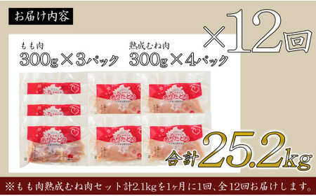 【12回定期便 総計25.2kg】 ありたどり もも肉 熟成むね肉 セット 計2.1kg (300g×7パック) 12回 定期便 鶏肉 むね肉 ムネ肉 胸肉 真空パック am010