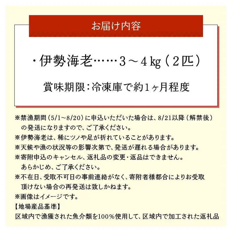 沖永良部島直送！素潜り漁師オススメの特大冷凍伊勢海老 約3～4キロ（2匹）！ W030-010u 冷凍 海鮮 エビ
