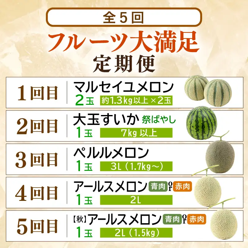 【先行予約】《定期便全5回》フルーツ大満足定期便 ／ すいか マスクメロン 高級メロン 大玉 果物 フルーツ 夏 ギフト 農家直送 ※2027年6月上旬以降発送  [aw065-d001]