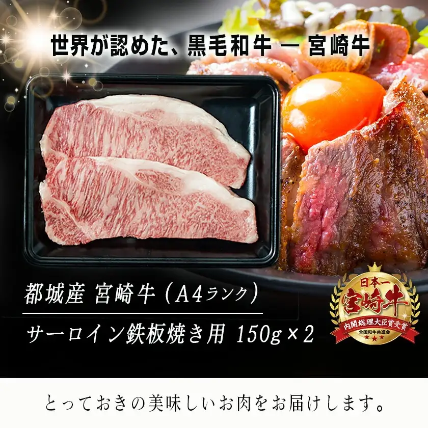 宮崎牛サーロイン鉄板焼き用150g×2枚〔MJ-2507〕_(都城市) A4ランク 宮崎牛 サーロイン 国産黒毛和牛 肉のながやま 鉄板焼き用ステーキ肉 150g 2枚