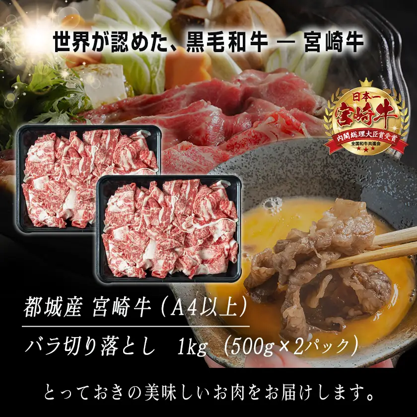 宮崎牛バラ切り落とし1kg〔MJ-2511〕_(都城市) A4ランク A4等級 国産黒毛和牛 都城産宮崎牛 ブランド牛肉 牛バラ切り落とし (500g×2パック) 合計1kg すき焼き 牛丼などに 冷凍保存
