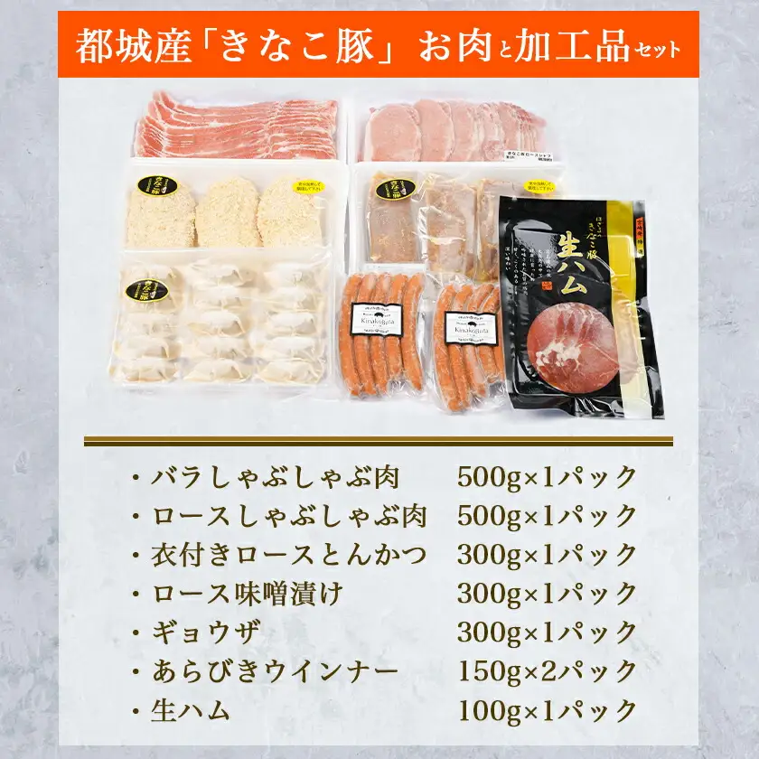 「きなこ豚」お肉と加工品セット 計2.3kg〔AC-12-001〕_(都城市) 豚バラしゃぶしゃぶ肉 豚ロースしゃぶしゃぶ 衣付き豚ロースとんかつ 豚ロース味噌漬け ギョウザ あらびきウインナー 生ハム