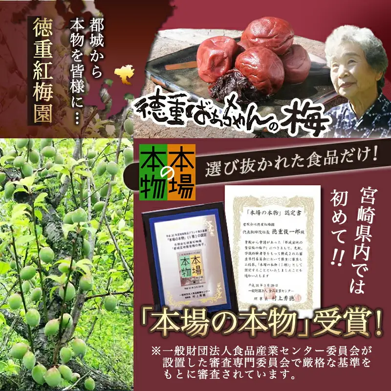 徳重ばあちゃんがつくった昔ながらの3年熟成梅干〔AD-49-001-1300g〕_(都城市) 500g×2と300gの計1.3kgのうめぼし 鶯宿梅(おうしゅくばい) すっぱい梅干し 梅ぼし 伝統農法 肉厚 徳重紅梅園