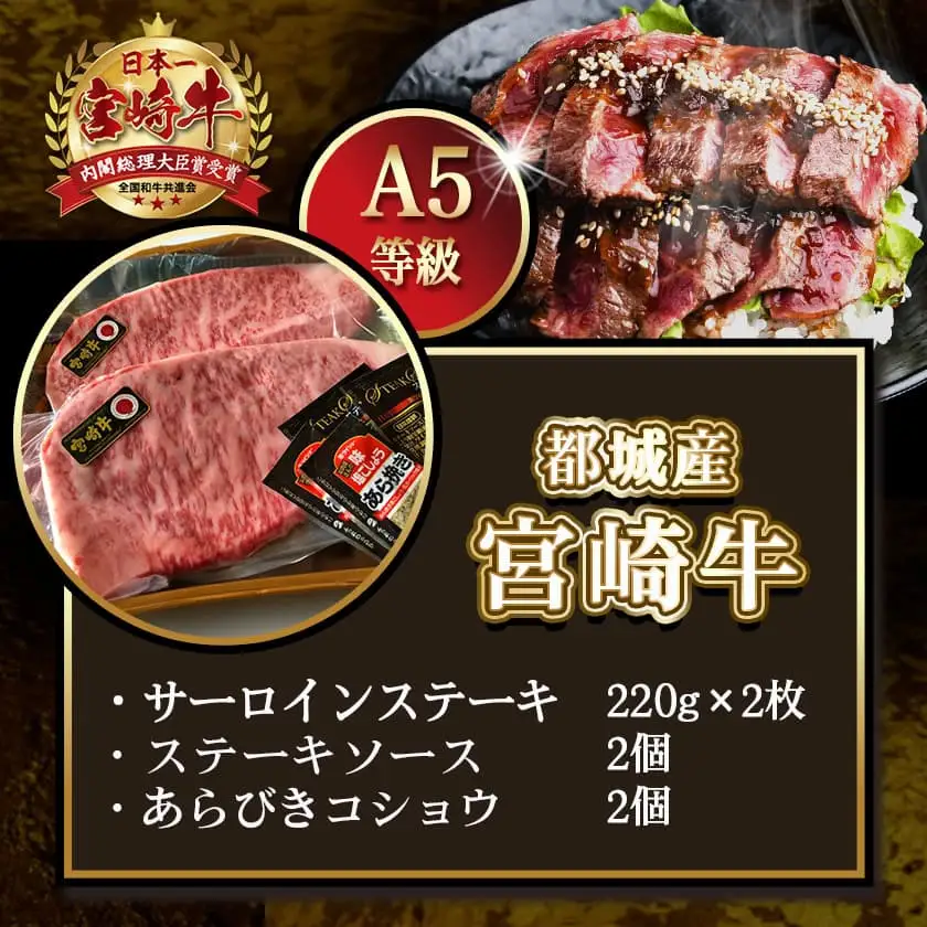 宮崎牛(A5)サーロインステーキ220g×2枚〔AD-77-001〕_(都城市) A5ランク サーロインステーキ(220g×2枚セット) ステーキソース(2個) あらびきコショウ(2個) ブランド牛肉 最高等級 5等級 ギフト 贈答用