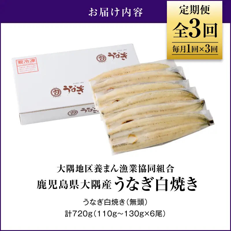 2081-1 鹿児島県 大隅産 うなぎ 白焼き 6尾 計720g【 3ヶ月 定期 】 KN007-T03 魚 冷凍 鰻