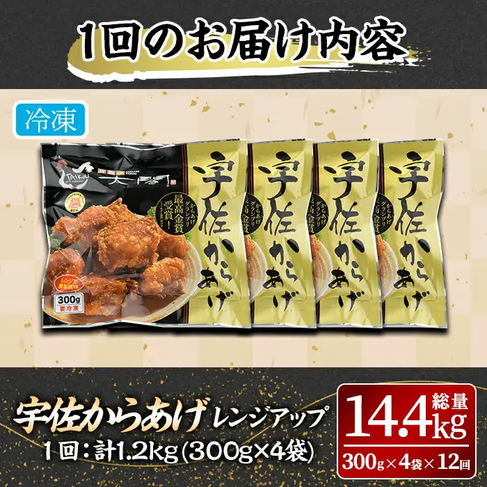 ＜定期便・全12回(連続)＞＜からあげグランプリ最高金賞＞宇佐からあげ太閤レンジアップ(総量14.4kg・300g×4袋×12回)から揚げ からあげ 簡単 冷凍 惣菜 弁当 おかず おつまみ お手軽 レンチン【201100300】【太閤】