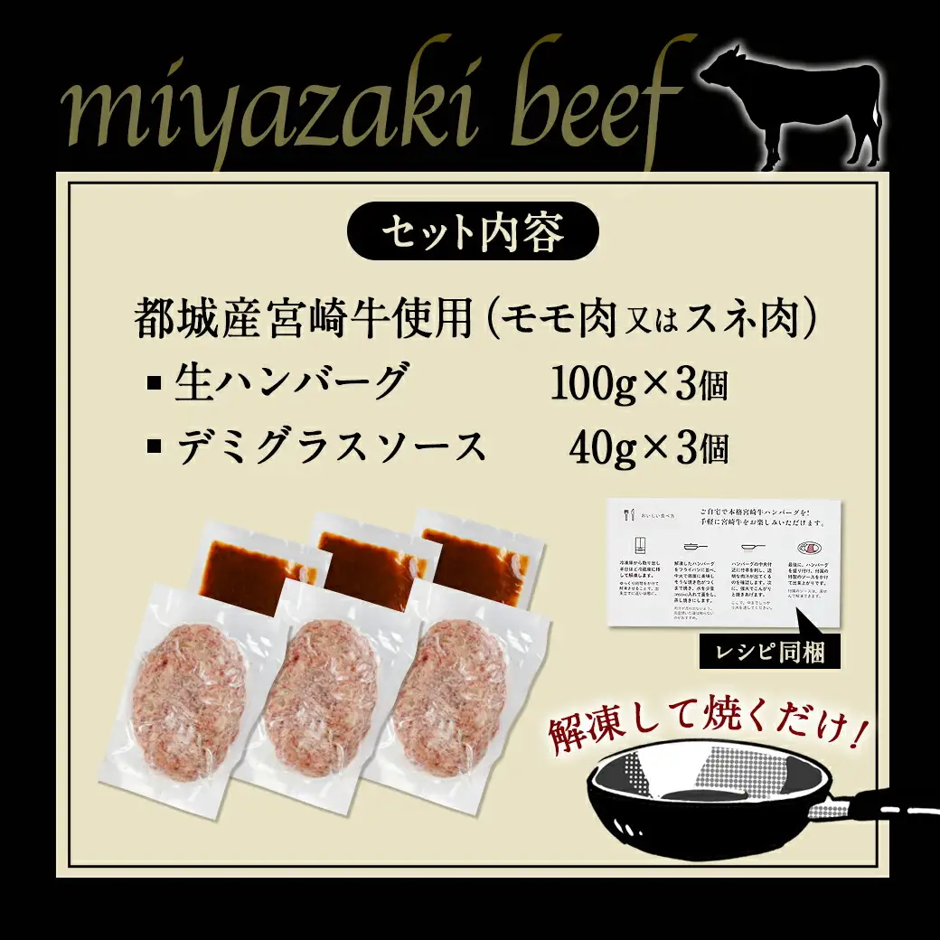 宮崎牛100％使用の生ハンバーグ≪100g×3個≫〔AA-7702〕_(都城市) 都城産宮崎牛 オリジナル手作り生ハンバーグ 手作業 自慢 お店の味 デミグラスソース