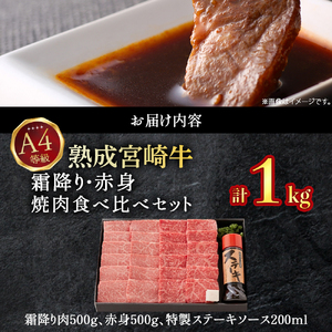 【人気鉄板焼き店厳選】熟成宮崎牛A4等級霜降り・赤身焼肉食べ比べセット 1kg　オリジナルソース付き（国産 牛肉 黒毛和牛 宮崎牛 焼肉 すき焼き 赤身 霜降り 特製タレ付き） 焼肉 和牛焼肉 牛肉焼肉 赤身焼肉 国産焼肉