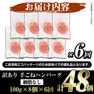 ＜訳あり定期便・全6回＞(網脂無し)鹿児島県産黒毛和牛 手ごねハンバーグ(100g×8個×6回 総計48個) 国産 牛肉 訳アリ 定期便 小分け おかず 惣菜 個包装 冷凍ハンバーグ【スーパーよしだ】akn058-20