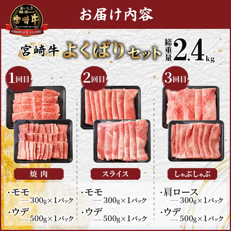 3か月お楽しみ定期便『宮崎牛よくばりセット』総重量2.4kg 肉 牛 牛肉 おかず 国産_T030-1366
