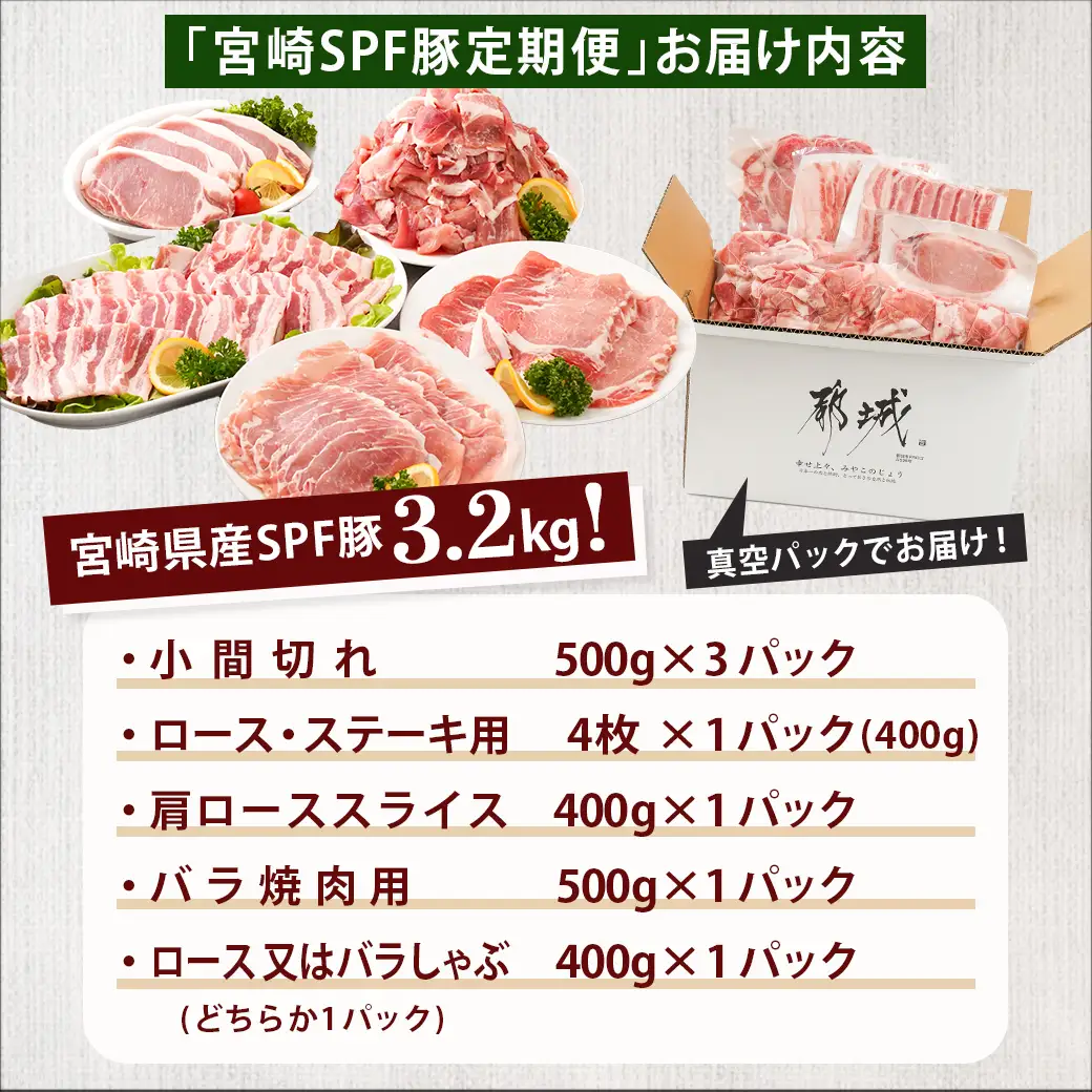 ≪6回連続お届け≫「宮崎SPF豚」日替わりバラエティセット定期便〔T96-6-K901〕_(都城市) 宮崎県産豚 小間切れ ロース 肩ローススライス バラ ステーキ 焼肉 しゃぶしゃぶ 真空