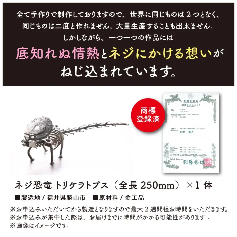 恐竜 トリケラトプス オールステンレス ネジ製 250mm [A-025003]