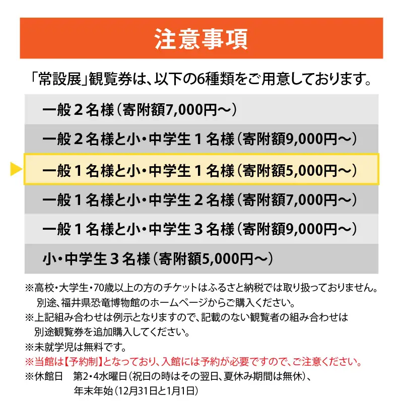 恐竜博物館 観覧券 常設展 一般1名＋小中学生1名 [A-048009]