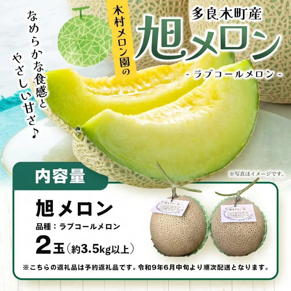 【2027年分 予約】先行予約 「旭メロン (品種：ラブコールメロン）」2玉 (合計約3.5kg以上) 令和9年6月中旬～発送開始【 ごほうび めろん 青肉 メロン 大玉 たっぷり 果汁 果物 フルーツ ギフト 】013-0560 