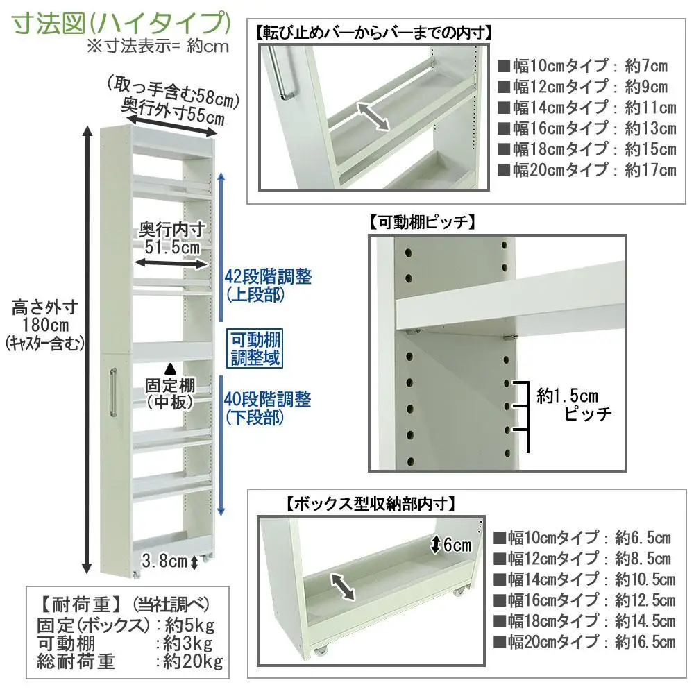 【ホワイト × 幅 20cm】すき間収納ワゴン ハイタイプ 転び止めバー付き