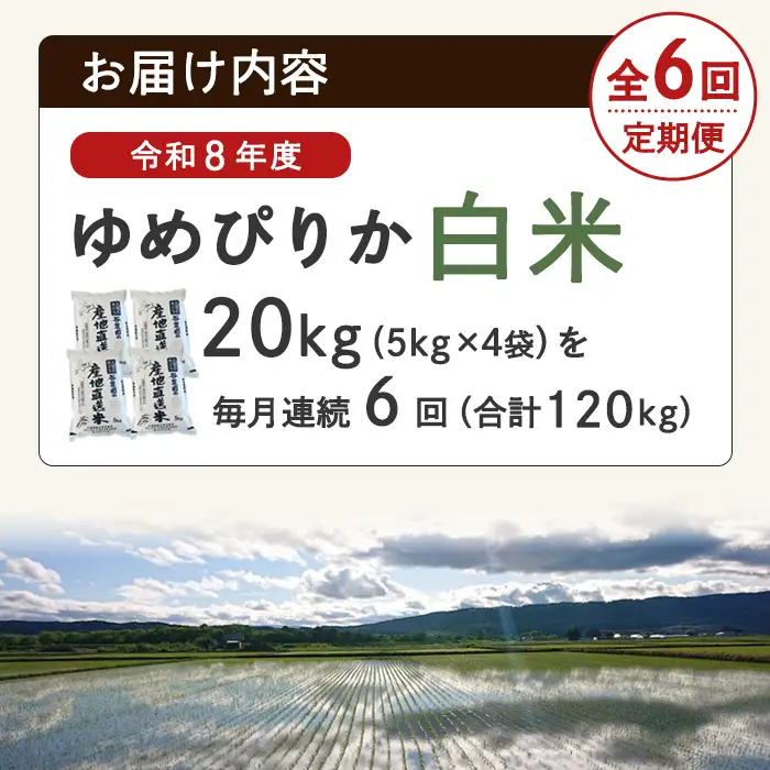 ＜全6回定期便＞ ゆめぴりか 20kg 先行予約 令和8年産 2026年11月以降順次発送 白米  【産直の谷農園】E7081-2611