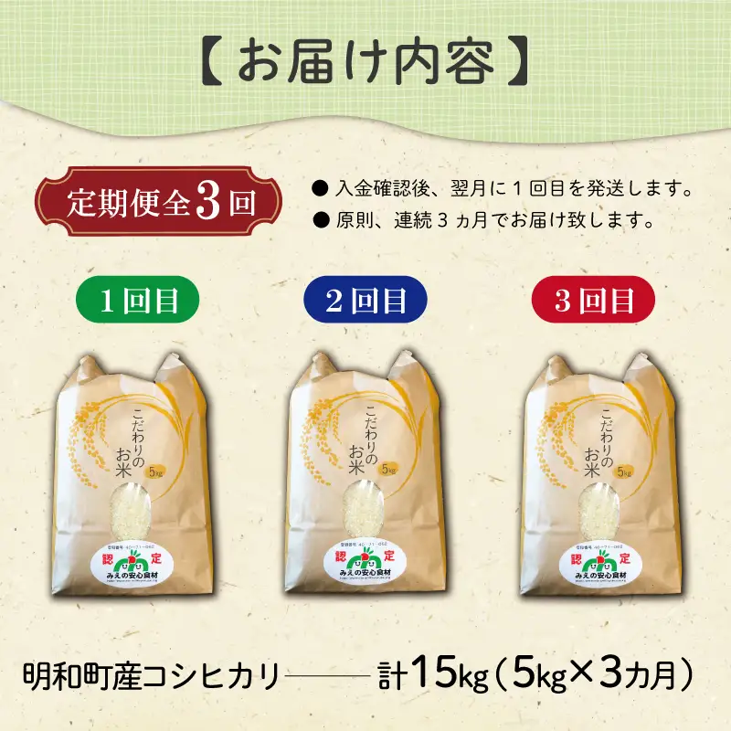 三重県産 山本農産のお米（コシヒカリ）の定期便 5kg×3回 yn15