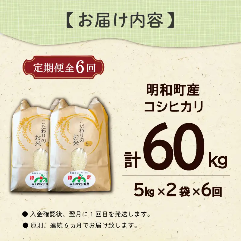 三重県産 山本農産のお米（コシヒカリ）の定期便 10kg×6回 yn18