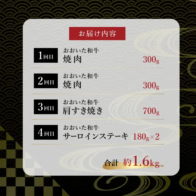 《定期便》おおいた和牛 定期便A_B163-010【牛 牛肉 和牛 おおいた和牛 セット 焼肉 すき焼き ステーキ 定期便 定期 のし 贈答 贈り物 冷凍 送料無料 4回 別府市】