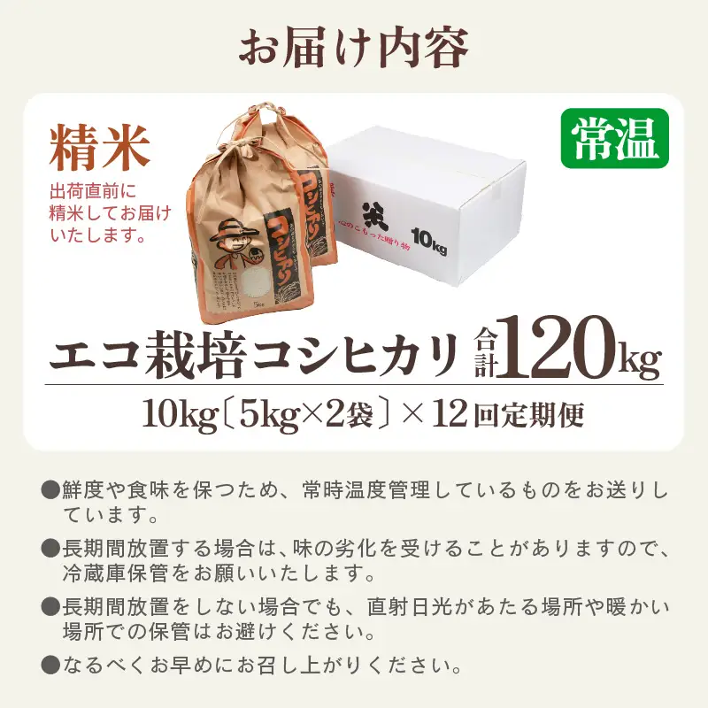 【先行予約】【令和8年産 新米】《定期便12回》【一等米】エコ栽培コシヒカリ 白米10kg（5kg×2袋）計120kg ／ 鮮度抜群 福井県産 こしひかり ご飯 新鮮 白米 ※2026年10月上旬以降順次発送 [aw063-o014]
