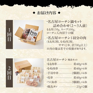 【半年に1回　計2回定期便】名古屋コーチン鍋&名古屋コーチン1羽分セット・名古屋コーチン焼鳥セット 名古屋コーチン鍋 冷凍鍋 地鶏鍋 焼鳥 おつまみ バーベキュー 小分け 名古屋コーチン 冷凍焼鳥 地鶏 [001T08-T]
