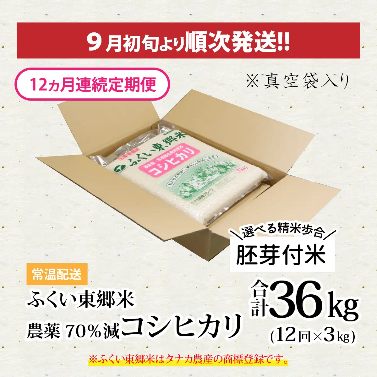 【先行予約】【胚芽付米】【定期便12ヶ月連続】令和8年産 新米 ふくい東郷米 特別栽培米 農薬70％減 コシヒカリ 3kg×12ヶ月 合計36kg[J-020024_03]