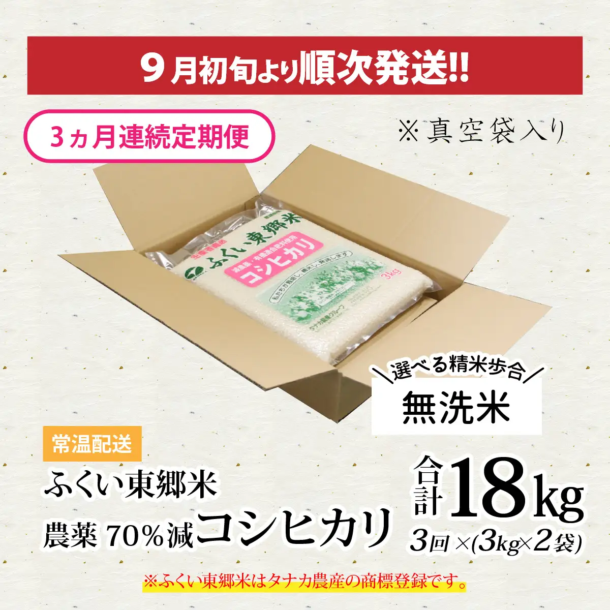 【先行予約】【無洗米】【定期便3ヶ月連続】令和8年産 新米 ふくい東郷米 特別栽培米 農薬70％減 コシヒカリ 6kg(3kg×2袋)×3ヶ月 合計18kg[E-020021_04]