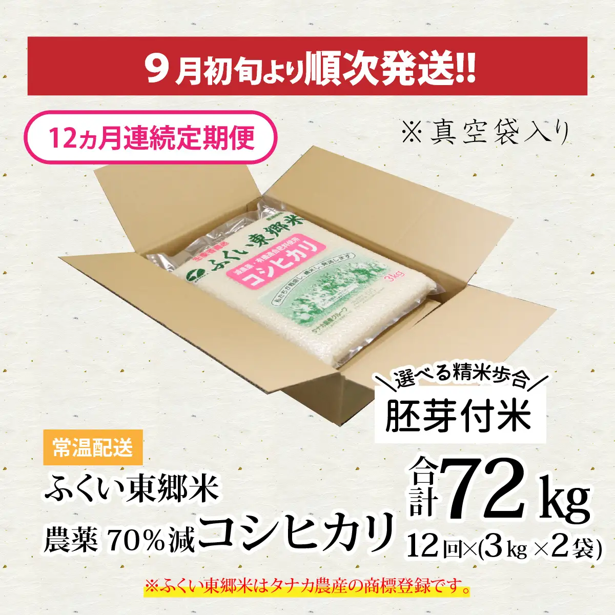 【先行予約】【胚芽付米】【定期便12ヶ月連続】令和8年産 新米 ふくい東郷米 特別栽培米 農薬70％減 コシヒカリ 6kg(3kg×2袋)×12ヶ月 合計72kg[O-020025_03]
