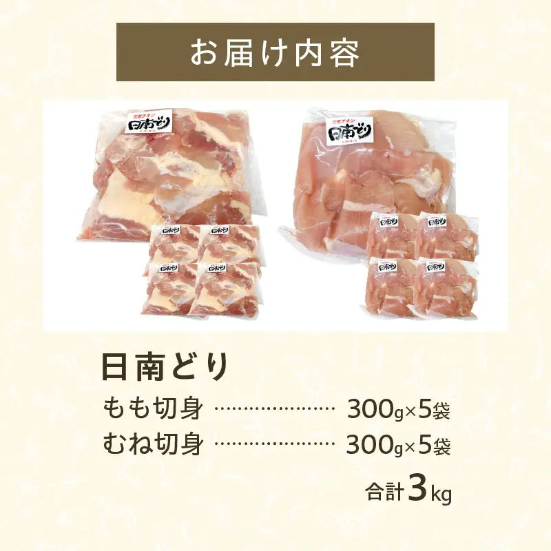 日南どり もも むね 切身 セット 合計3kg 鶏肉 国産 チキン 小分け 便利 食べ比べ おかず お弁当 おつまみ 食品 真空パック ヘルシー から揚げ 焼肉 グルメ サラダ 万能食材 お取り寄せ おすすめ ご褒美 記念日 お祝い おすそ分け 日南市 宮崎県 送料無料_CB87-24