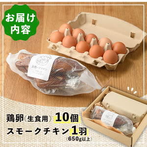 平飼い 昔ながらの庭先たまご 10個 サイズ混合  スモークチキン 1羽 セット【ファームあるむ】B7065