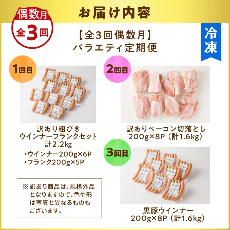 【 訳あり 】 【 全3回 偶数月 】 バラエティ 定期便 K161-T04 肉 豚肉 冷凍