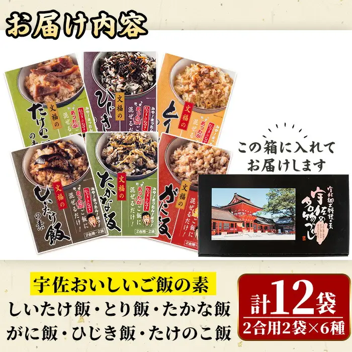 宇佐おいしいご飯の素セット(6種×各2袋)ご飯の素 混ぜご飯 簡単 時短 おにぎり お弁当 郷土料理 食べ比べ セット 勝負めし【102200201】【観光館　文福】