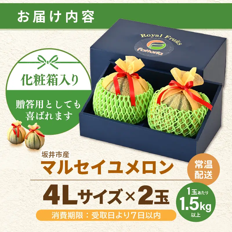 マルセイユメロン 4L 2玉 化粧箱入り 2027年6月中旬以降順次発送 メロン フルーツ 赤肉 贈答 ギフト [A-19111]