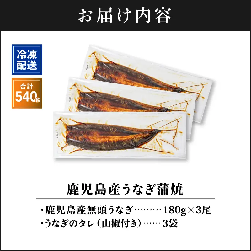 【 土用の丑の日特集 】 2446 鹿児島産うなぎ 合計540g（180g×3尾） 清らかな 地下水 育ち！ KN021-015-03 鰻 魚 惣菜 総菜