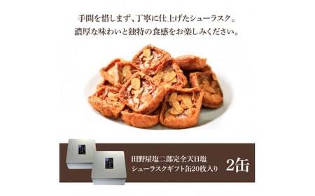 ★田野屋塩二郎完全天日塩★ シューラスクギフト缶 20枚入（2枚×10袋入）2缶セット