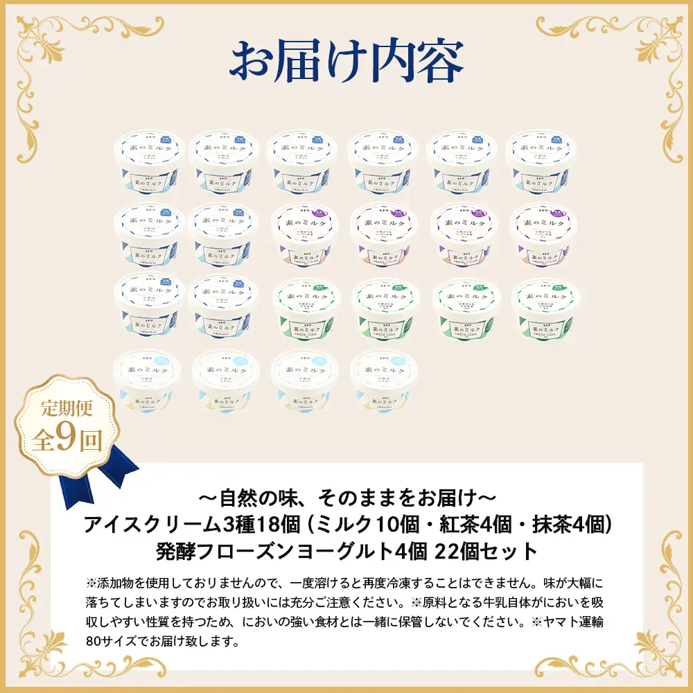 【定期便：全9回】北海道 アイスクリーム3種×18個（ミルク・紅茶・抹茶）とフローズンヨーグルト×4個セット【1115902】