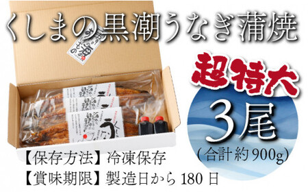 【数量限定】超特大くしまの黒潮うなぎ蒲焼3尾（合計900g前後）_K023-010