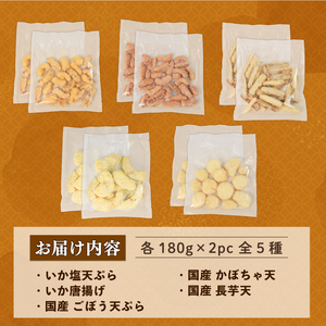 冷凍食品5種類セット いか塩天ぷら いか唐揚げ ごぼう天ぷら かぼちゃ天ぷら 長芋天ぷら 各180g×2袋 計1.8kg いか 烏賊 塩 天ぷら てんぷら ごぼう かぼちゃ 長芋 セット 冷凍 電子レンジ 惣菜 簡単 手軽 岩手県 大船渡市