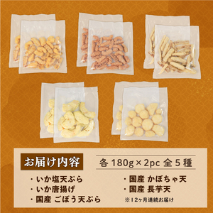 12ヶ月連続定期便 冷凍食品5種類セット いか塩天ぷら いか唐揚げ ごぼう天ぷら かぼちゃ天ぷら 長芋天ぷら 各180g×2袋 計1.8kg いか 烏賊 塩 天ぷら てんぷら ごぼう かぼちゃ 長芋 セット 冷凍 電子レンジ 惣菜 簡単 手軽 岩手県 大船渡市