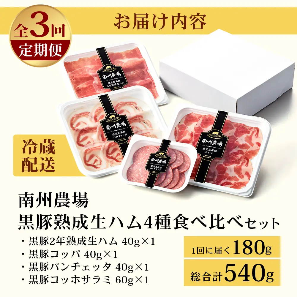 【定期便全3回】かごしま黒豚熟成生ハム４種食べ比べ セット（約540g）NS-519 | 国産 肉 お肉 豚肉 豚 にく ぶた 生ハム 最高峰 熟成ハム コッパ パンチェッタ コッホサラミ スパイス サラミ 冷蔵 詰め合わせ 産地直送 ギフト プレゼント 贈り物 鹿児島県 南大隅町 南州農場