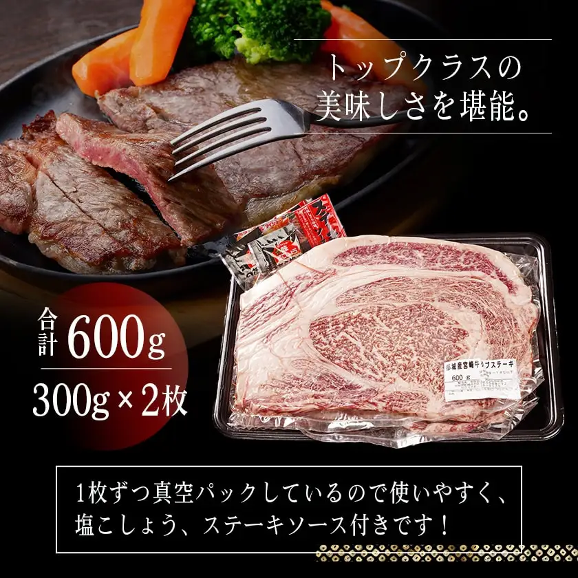 宮崎牛リブロースステーキ300g×2枚〔17-2502〕_(都城市) 都城産 宮崎牛 牛肉 リブロース ステーキ 霜降り 塩こしょう ステーキソース付 300g×2枚 600g